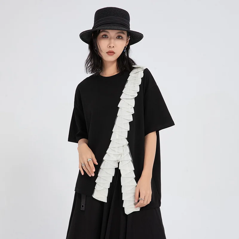 

2026 New Summer Women's Yamamoto Style Dark Street Fashion T Shirt Unique Ruffle Pleated Design Slim Short Sleeve Casual Tops