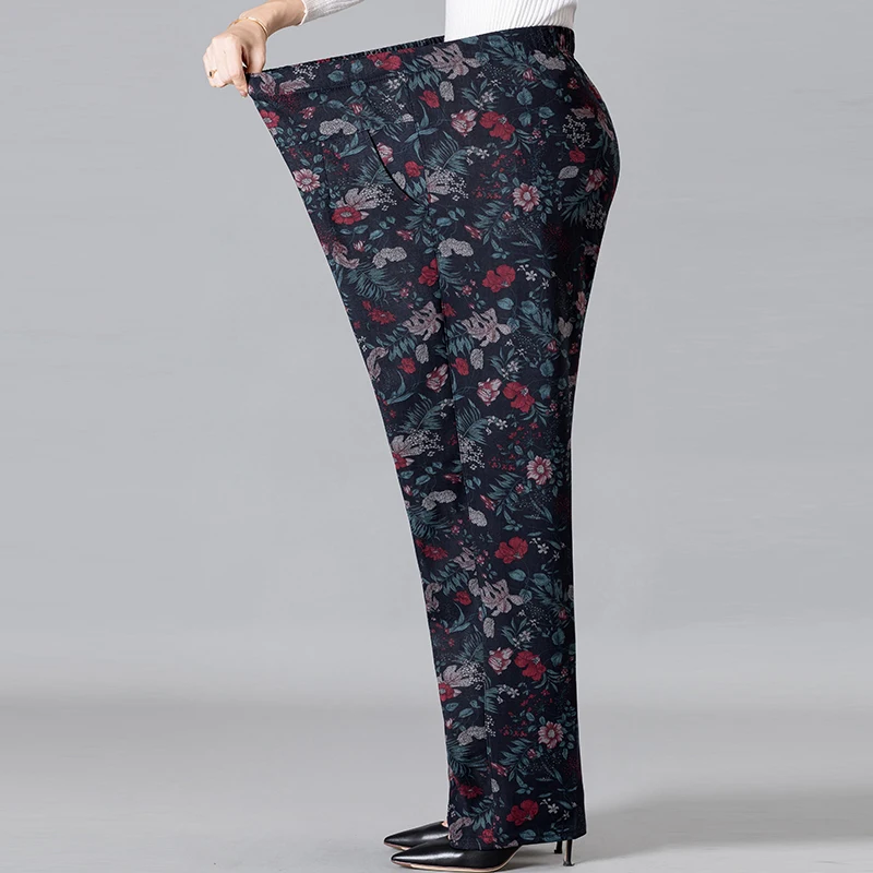 8XL 9XL Middle-aged Women Trousers New Print Elasti High Waist Casual Pants Spring and Autumn Straight Pants Oversize Grandma Pa