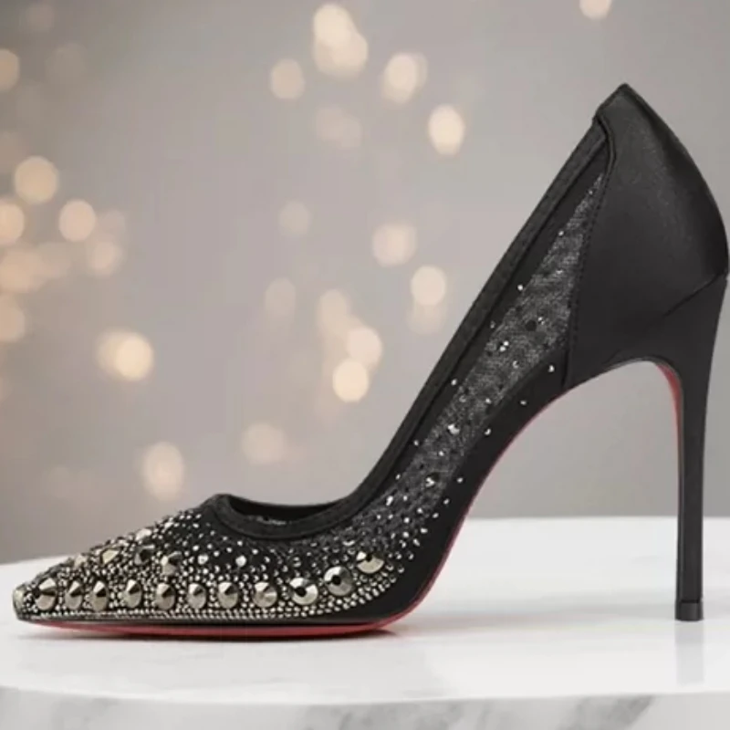 European and American Fashion Summer New Pointed Mesh Yarn Hot Diamond Rivets Breathable Fine High Heel Women's Shoes