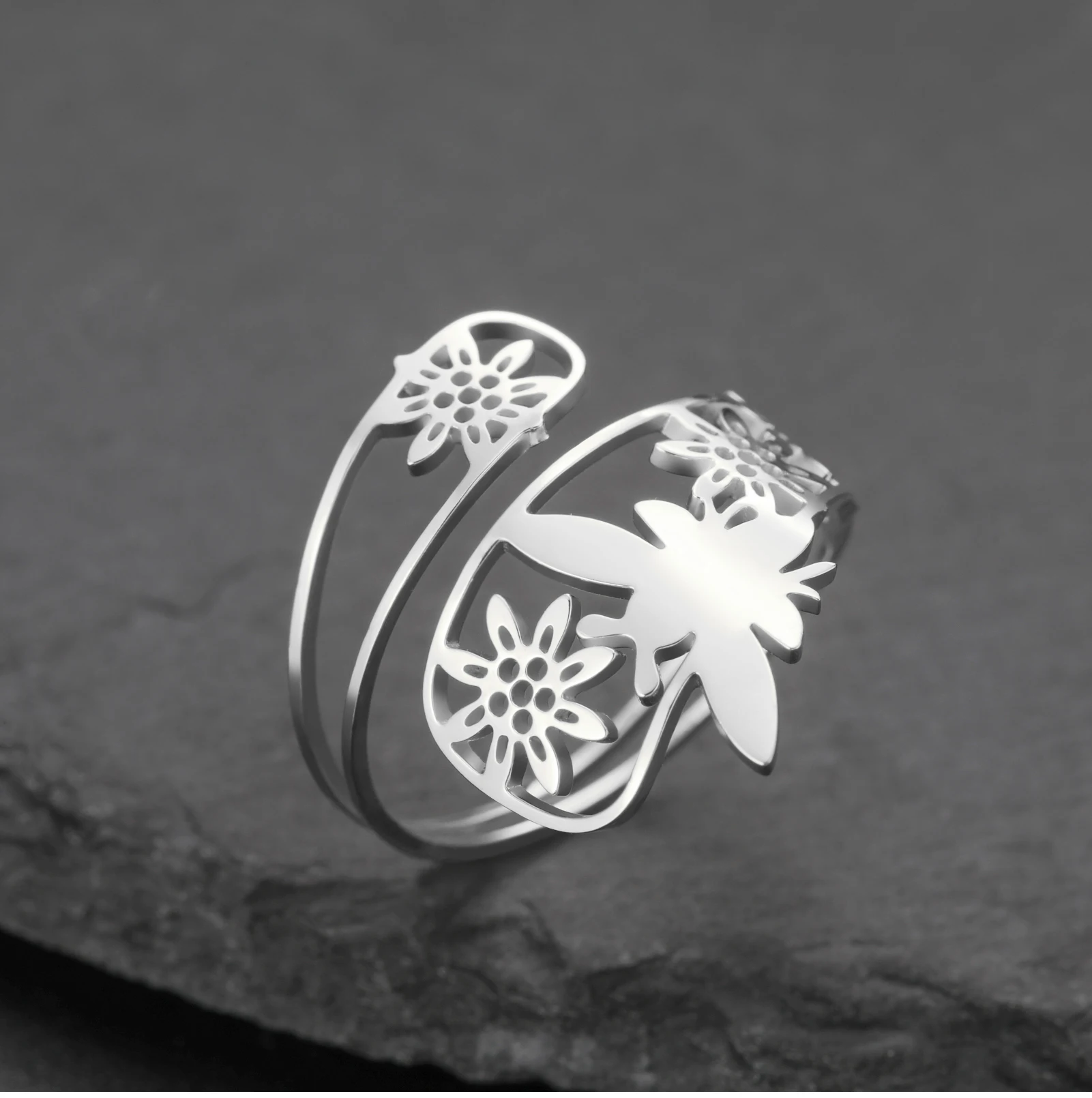Daisy Flower Butterfly Tree of Life Fashion Open Adjustable Ring Stainless Steel Women's Day Gift