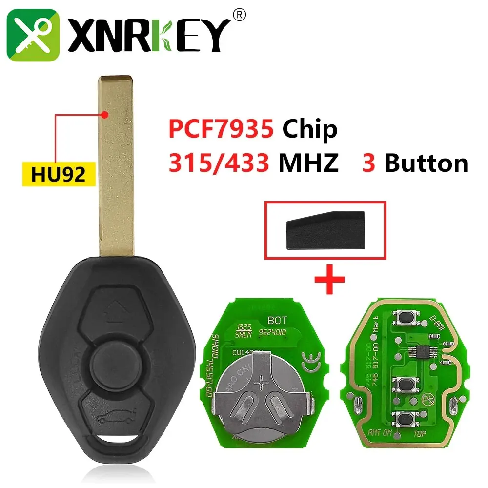 

XNRKEY Remote Car Key For BMW EWS System PCF7935 Chip For X3 X5 Z3 Z4 1/3/5/7 Series HU92 315MHz/433MHz (Frequency Changeable)