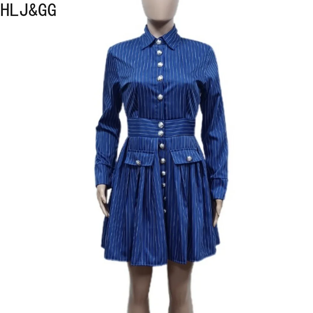 HLJ&GG Elegant Lady Stripe Print Button Shirt Pleat Dresses Women Turndown Collar Long Sleeve A-line Mini Dress Fashion Vestidos