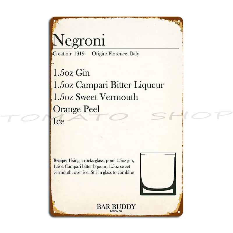 Negroni Cocktail Recipe Metal Sign Poster Wall Pub Home Bar Club Designer Tin Sign Poster