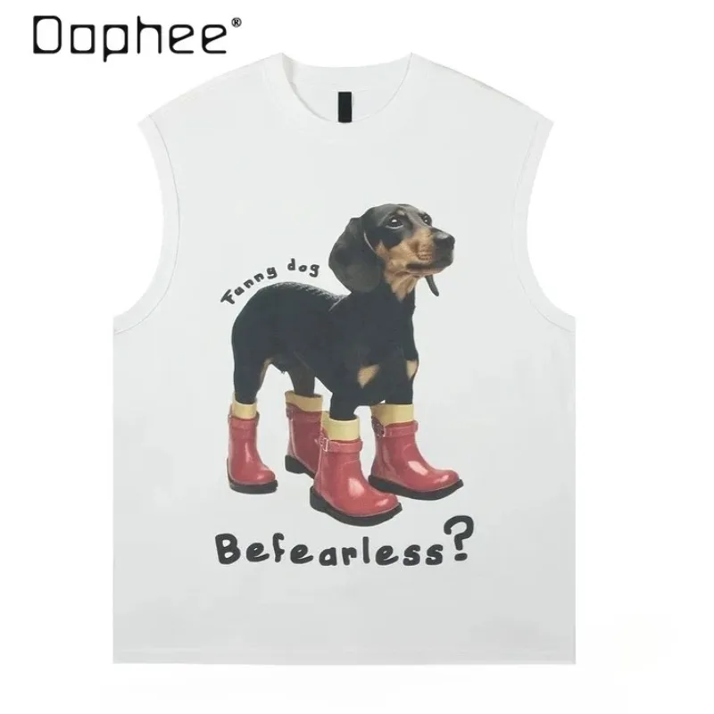 2026 Summer Trendy Men's T-Shirt Hip Hop Cute Dog Printed Sleeveless T-Shirt American Vintage Street Wear Loose Casual Top Men