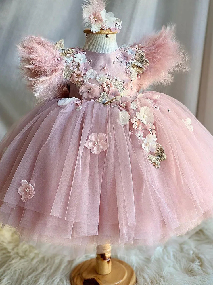 2024 New Pink Children's Flower Girl Dress Tulle Butterfly Attends Party Wedding Celebration Birthday First Communion Prom Dress