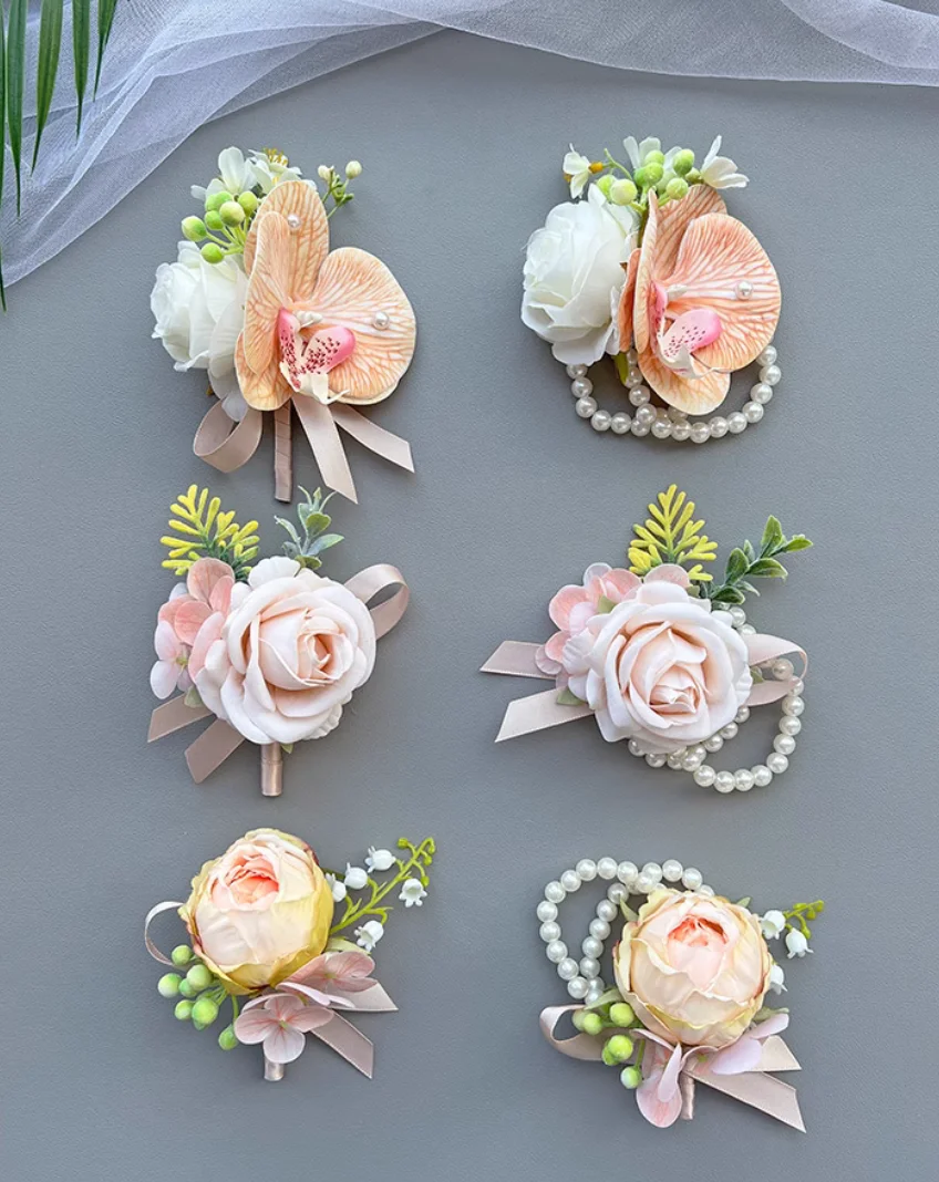 6-piece set of champagne-colored Phalaenopsis orchids for bride and groom, bridesmaids' wrist corsages, groomsmen's boutonnieres