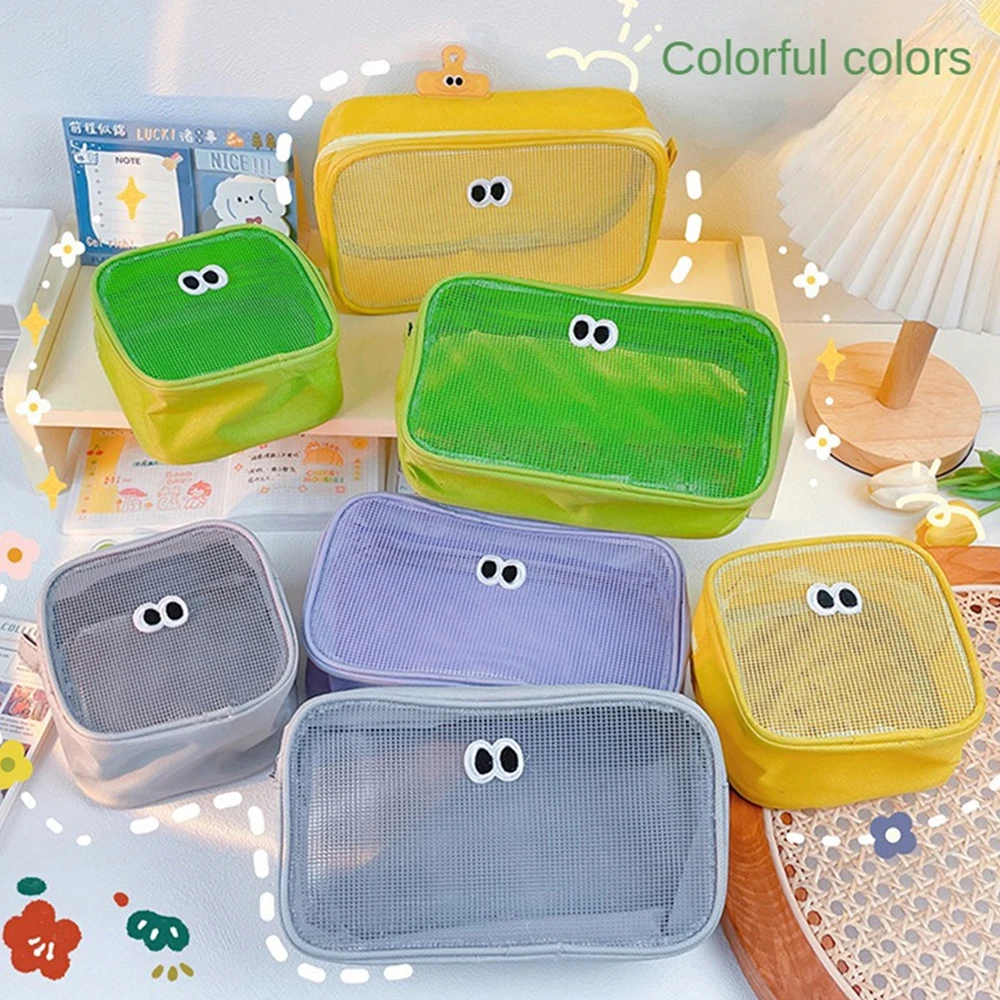 New Candy Color Clear Mesh Cosmetic Bag Cute Big Eyes Make Up Case Kawaii Makeup Pouch Makeup Case Portable Toiletry Storage Bag