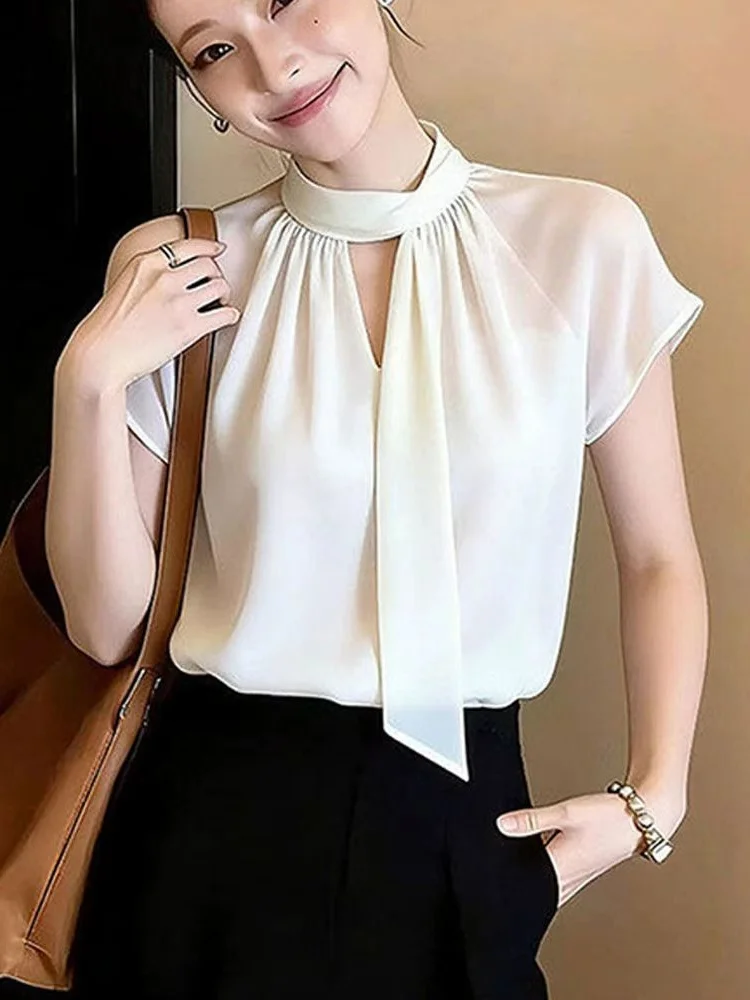 

Elegant White Sash Shirt Women's Summer New Short Sleeve Commute Versatile Slimming Personality Top Loose Fit Gathered Skirt