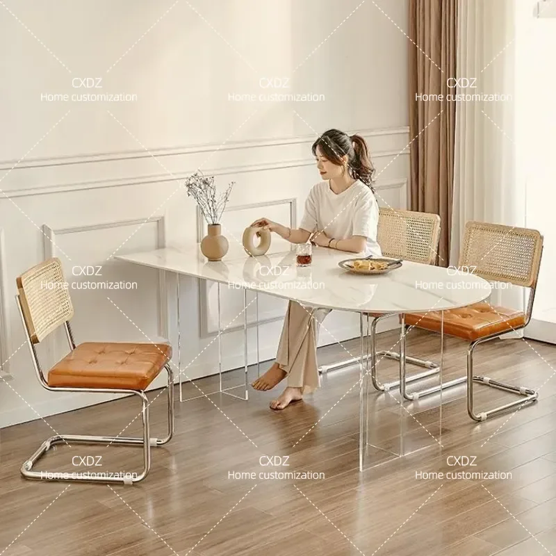 Cream Style Rock Slab Dining Table Floating Acrylic Table Chair Set Oval Semicircular Island Table Small Apartment
