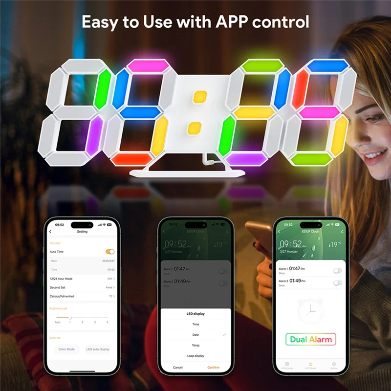 ساعة حائط رقمية LED ثلاثية الأبعاد Rgb ساعة منبه مضيئة للطاولة تاريخ الوقت ساعة الطاولة مع التحكم في التطبيق لغرفة النوم المنزلية HY
