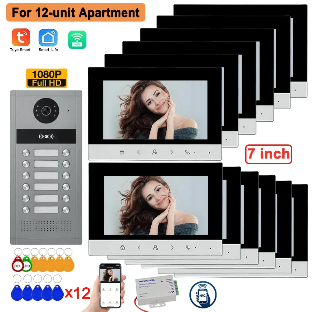 

4-проводная 7-дюймовая LCD-видеодомофонная система с Wi-Fi, HD-камерой, функцией видеозвонка, поддержкой RFIC/NFC, разблокировкой через приложение, для 4/6/8/10/12 квартир.