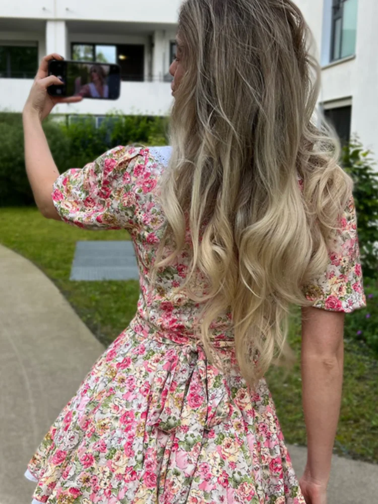 

Women Pink Floral Print Mini Dress Peter Pan Collar Puff Short Sleeve Office Party Commuter Buttons Front A-line Flare Dress