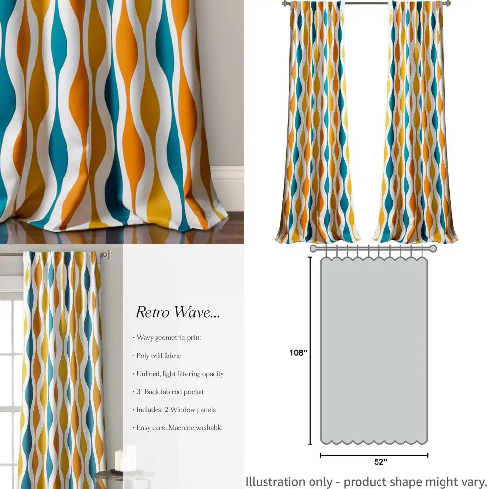 Rideaux de fenêtre à motifs géo du milieu du siècle turquoise et orange, 108 x 52