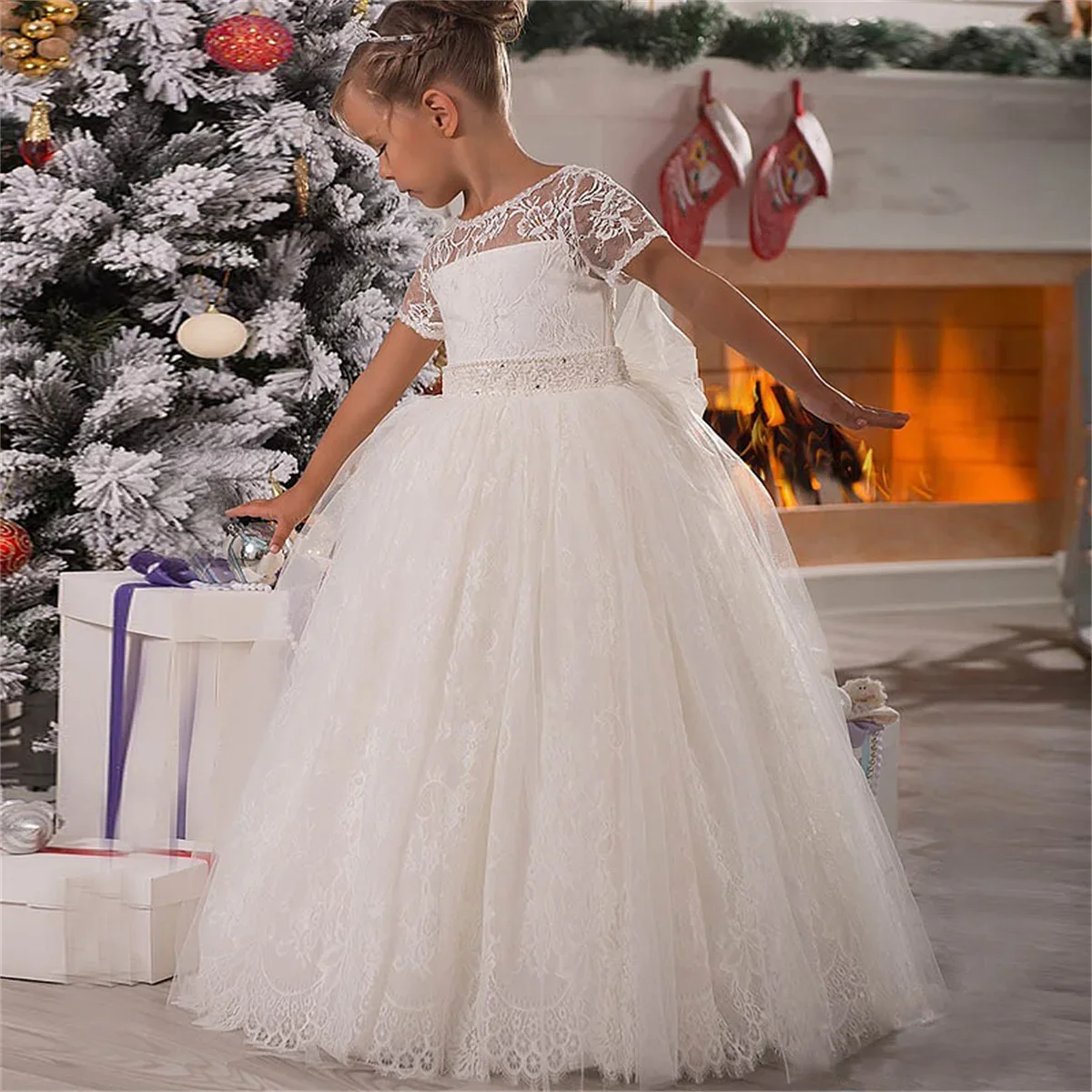 

White Fluffy Tulle Lace Long Bow Belt Flower Girl Dress Wedding Cute Little Flower Children's Eucharist Prom Dress