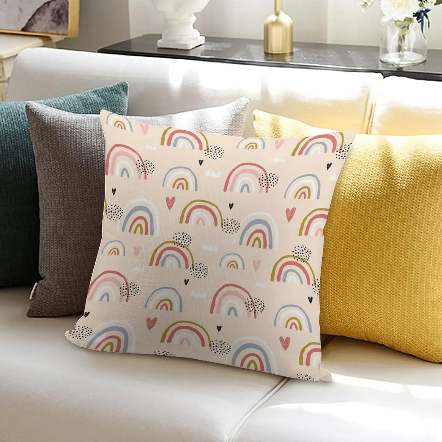 Rainbow Throw Pillow Covers for Girls,18 x 18 Inch,Cream Cute Rainbow Pattern Throw Pillow Covers for Sofa Couch Home Décor