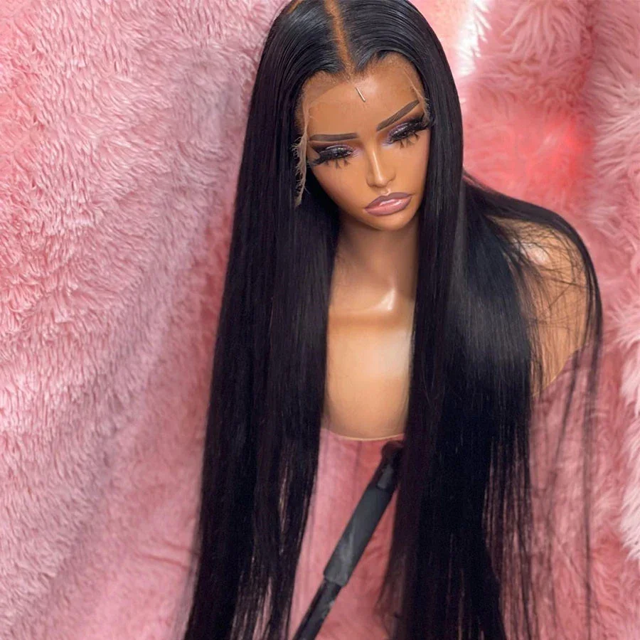 Soft Long 26Inch Slky Straight Black 13x4 Lace Front Wig For Black Women With  Synthetic Preplucked Glueless Baby Hair Daily