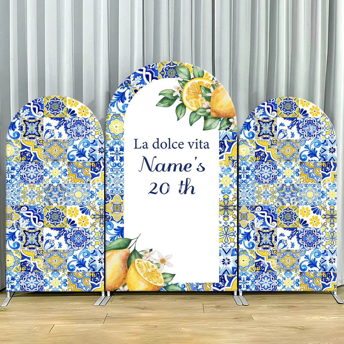 

TB Custom Text Arch Backdrop Cover Lemon Blue Tiles for Bridal Shower Birthday Party Decor Photograph Background Wall Supplies