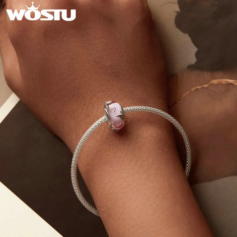 WOSTU 925 Sterling Silver Transparent Pink Glass Butterfly Charm Insect Flower Murano Beads Bracelet & Bangle Jewelry Gift