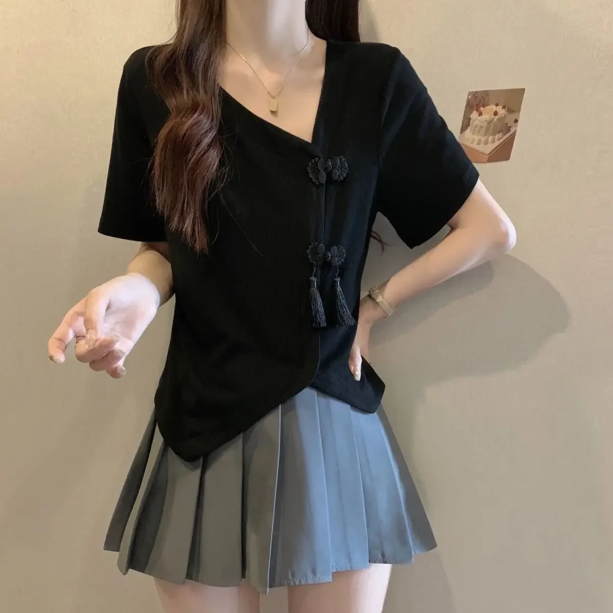 T-shirt da donna vintage con design irregolare nappa stile cinese dolce letterario giovane per il tempo libero ufficio signora top estivi delicati quotidiano