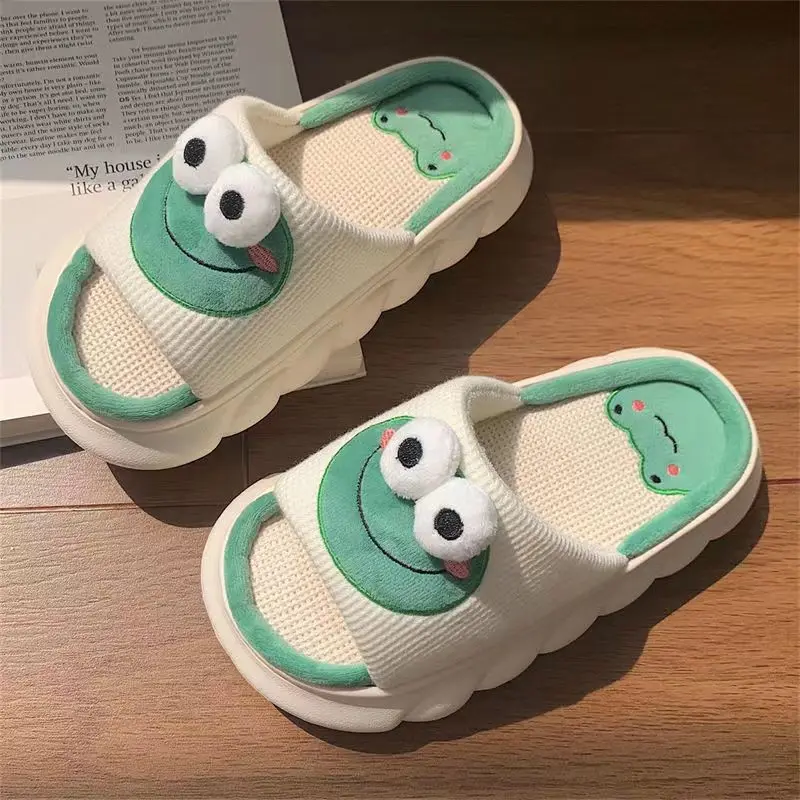 Donne Cartoon Frog pantofole inverno caldo Indoor Home Slides lino suola spessa coppia pantofola camera da letto scarpe antiscivolo sandali