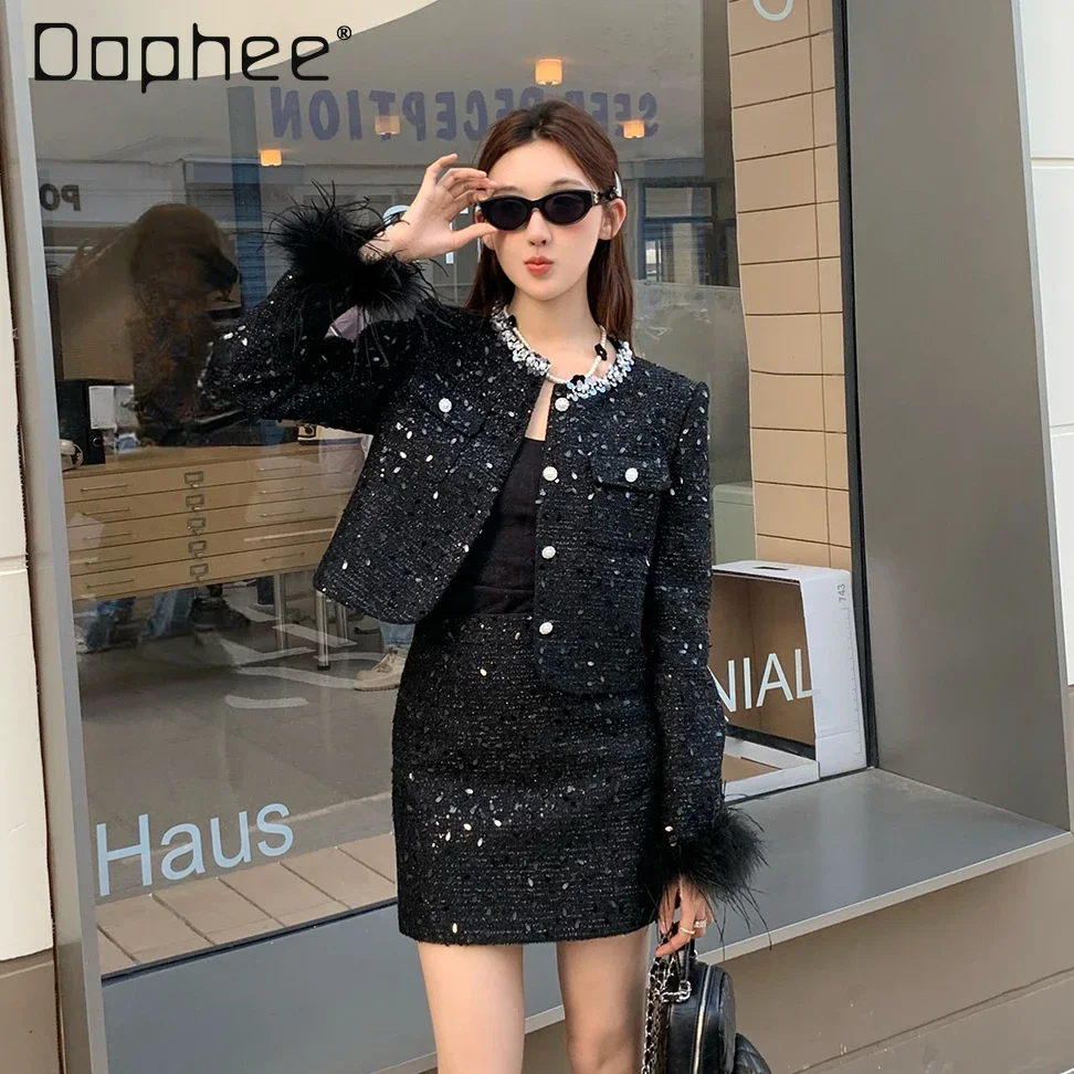 

Heavy Industry Sequined Ostrich Hair Short Jacket and High Waist A Line Wrap Hip Skirt Women Two Piece Sets Black Elegant