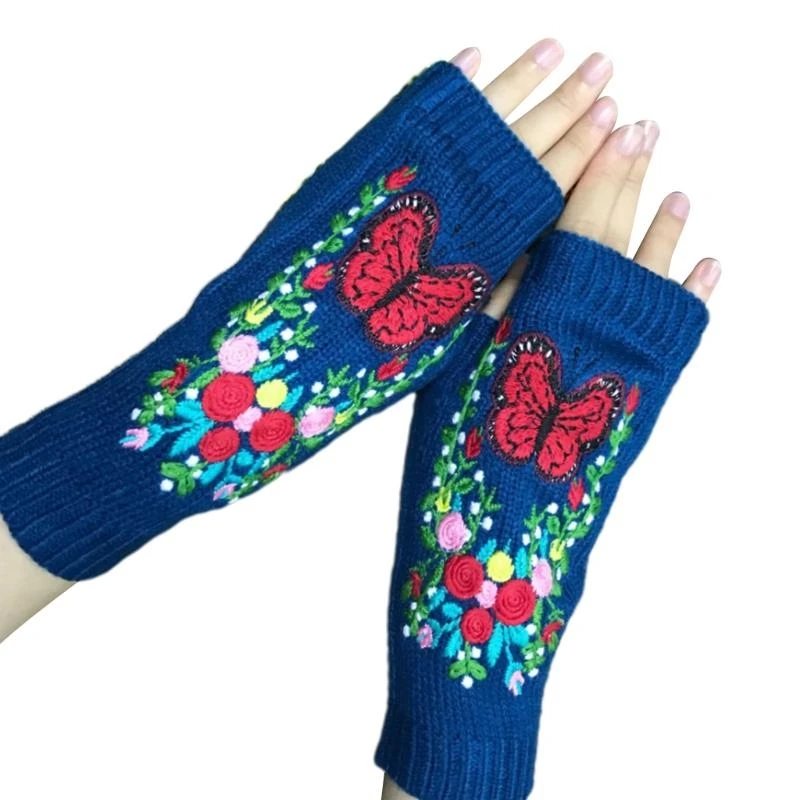39BD Winter Warm Gloves Fingerless Warm Gloves Hand Arm Warmer Half Finger Gloves Stretchy Knitted Flower for Butterfly
