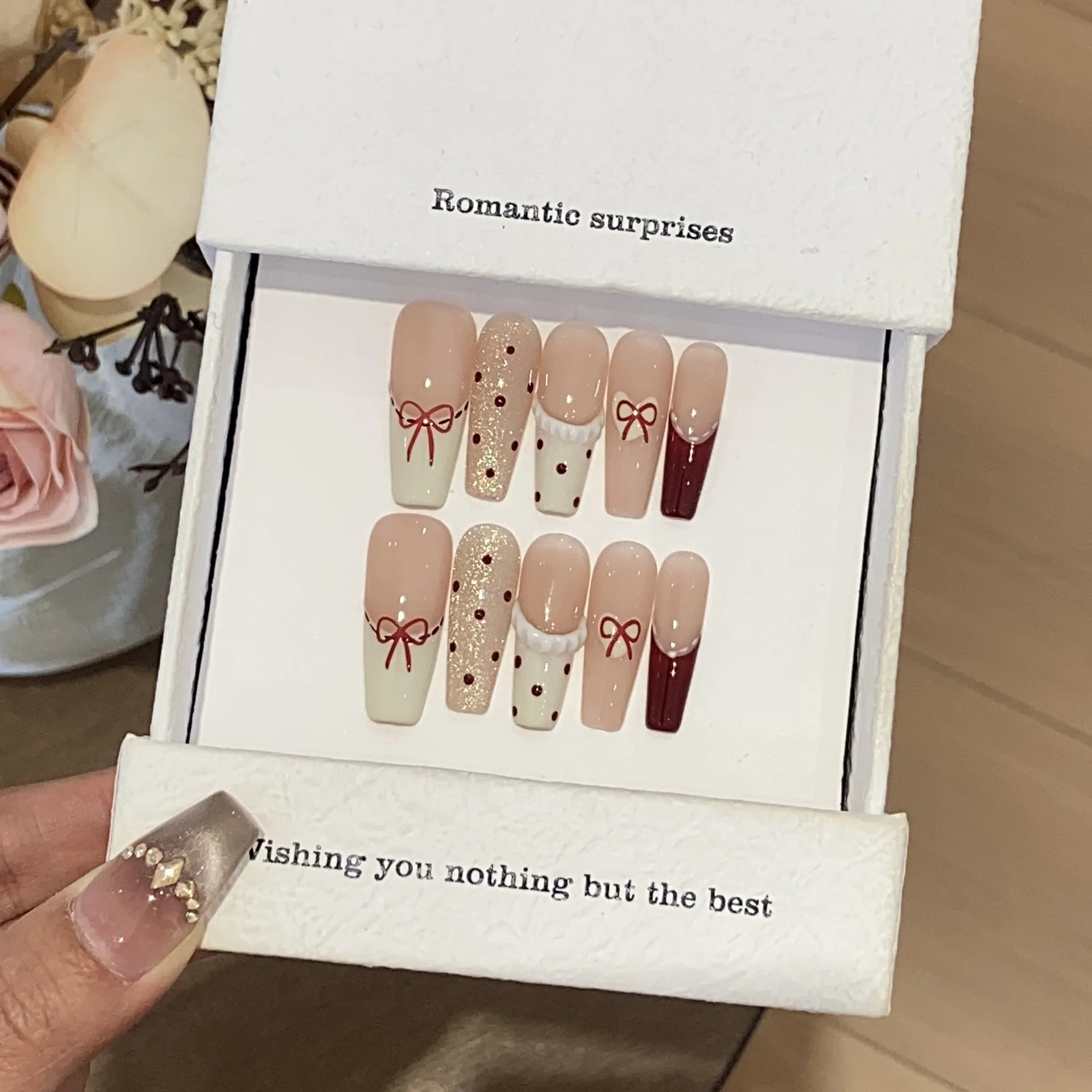 

10pcs Handmade Press On Nails Medium/Long Square Nude Pink 3D Flowers Design -Daily Reusable French Acrylic Fake Nailsfor Women