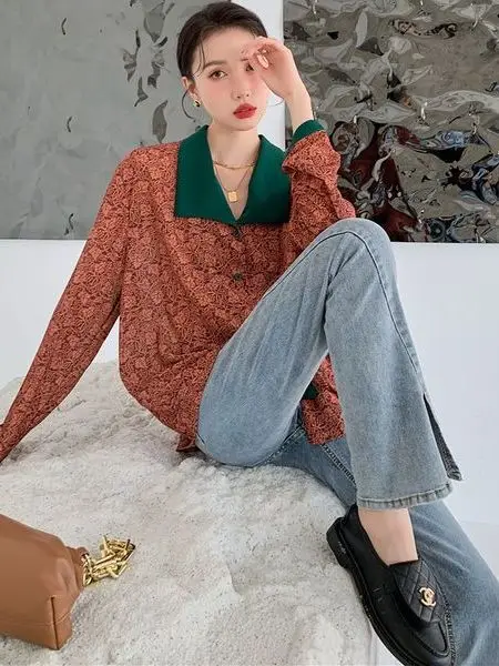 ريترو هونج كونج Sle المرأة خمر irt الأزهار طباعة طويلة Sve بدوره إلى أسفل طوق ربيع الخريف أعلى اللون تصميم Blo #3