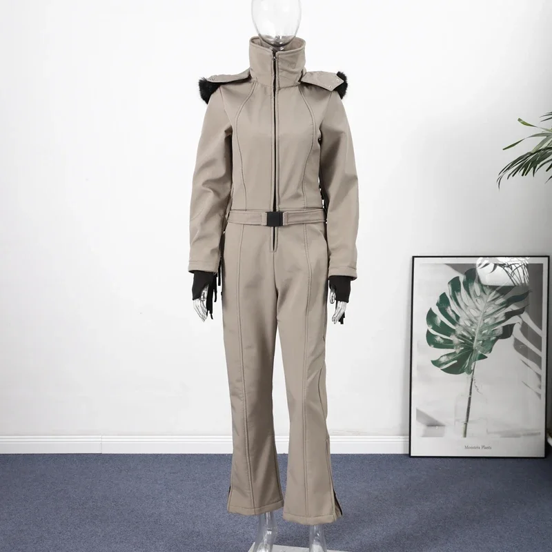 Verdickter einteiliger Skianzug für Damen, Kunstfell, mit Kapuze, Quasten, Mantel, hoher Taillengürtel, Overall, 2022, Winter, winddicht, wasserdicht, Skibekleidung – Detail 3
