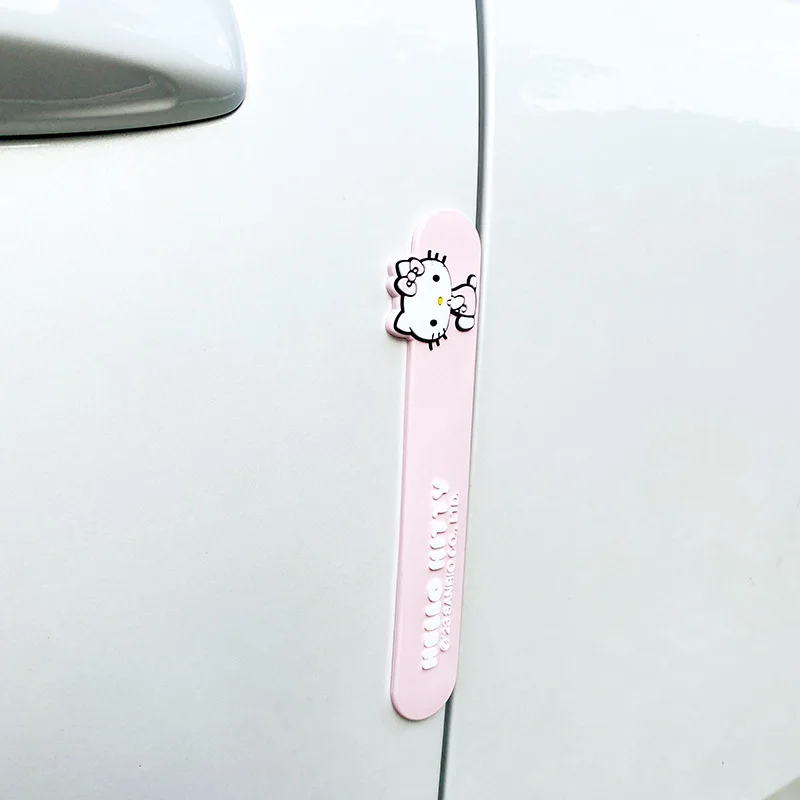 2 buah stiker pelindung pintu mobil Sanrio Hello Kittys Strip Bumper pintu mobil Kawaii Kt stiker pelindung pegangan mobil Anti-gores Film barang dekoratif