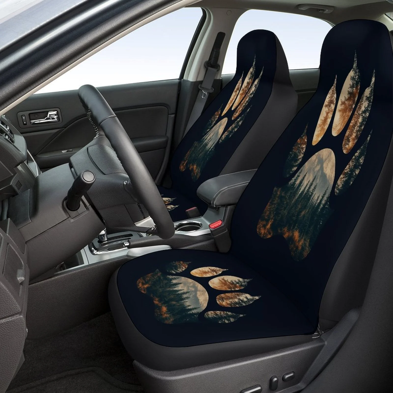 Set Of Car Seat Covers Featuring A Forest Paw Print Design, Suitable For Various Vehicles. Stylish And Durable, This Complete Se