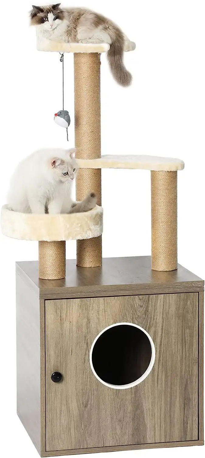 

Litter Box Enclosure with Cat Tree and Tower 4-in-1 Separable Cat Furniture Endtable with Hammock and Scratching Posts