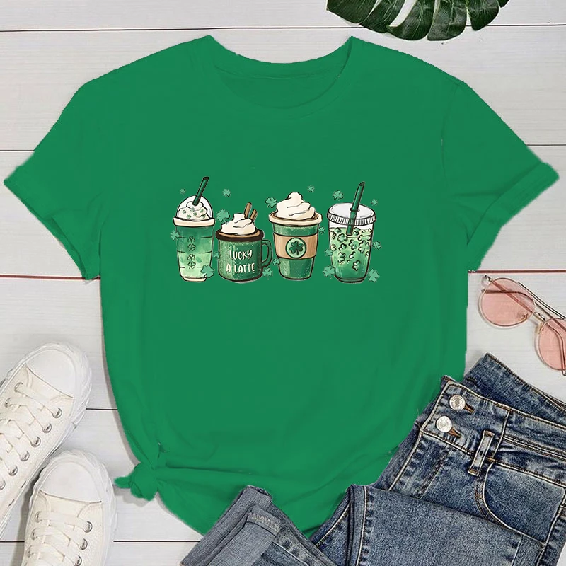 (Premium T-shirt)Cute St. Patrick'S Day Coffee Print T-Shirts For Women Summer Lovely Short Sleeve Casual T-Shirts Funny Ldies T