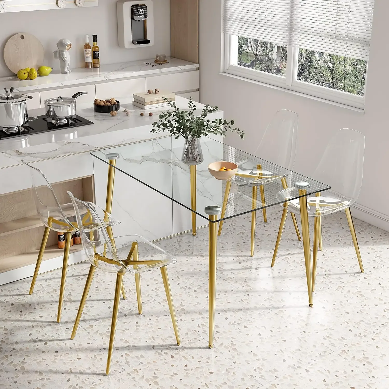 51 inch Glass Dining Table Set for 4, Dining Table & Chair Sets with Gold Plating Legs for Kitchen, Modern Rectangle Tempered