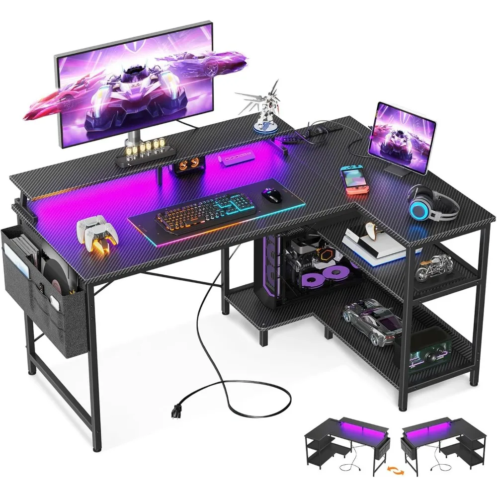 48 Inch Gaming Desk with USB Charging Ports and LED Lights, Reversible L Shaped Computer Desk with Storage Shelves