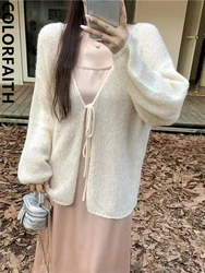 Colorfaith SWC9009JX New 2023 Elegant Lady Chic Lace Up Korean Fashion Knitting Pink Cardigans Women Autumn Winter Sweaters Tops