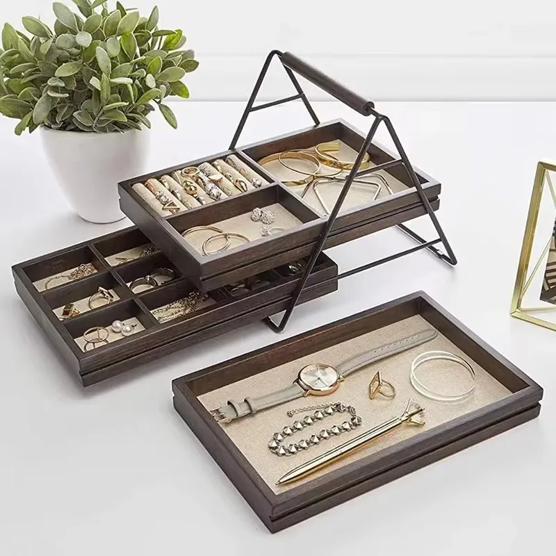 Three-layer Push-pull Jewelry Display Holder Wooden Earrings Ring Organizer Tray Multi Grid Classification Jewelry Storage Boxes