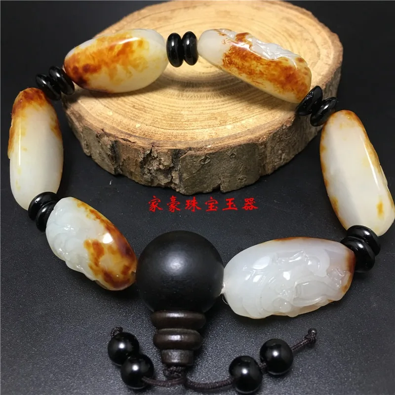 

Hetian Pebble Carved God of Wealth Red Suede Men's Jade Bracelet