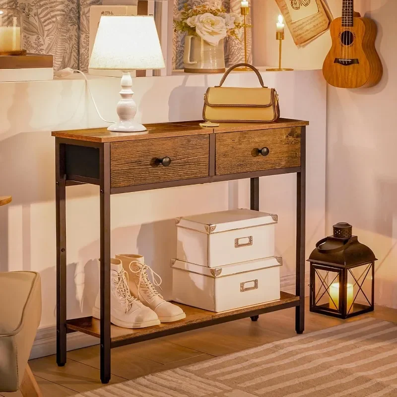 Консольный столик для хранения в прихожей с двумя тканевыми ящиками, тонкий стол для прихожей с полками для квартир, небольшая гостиная