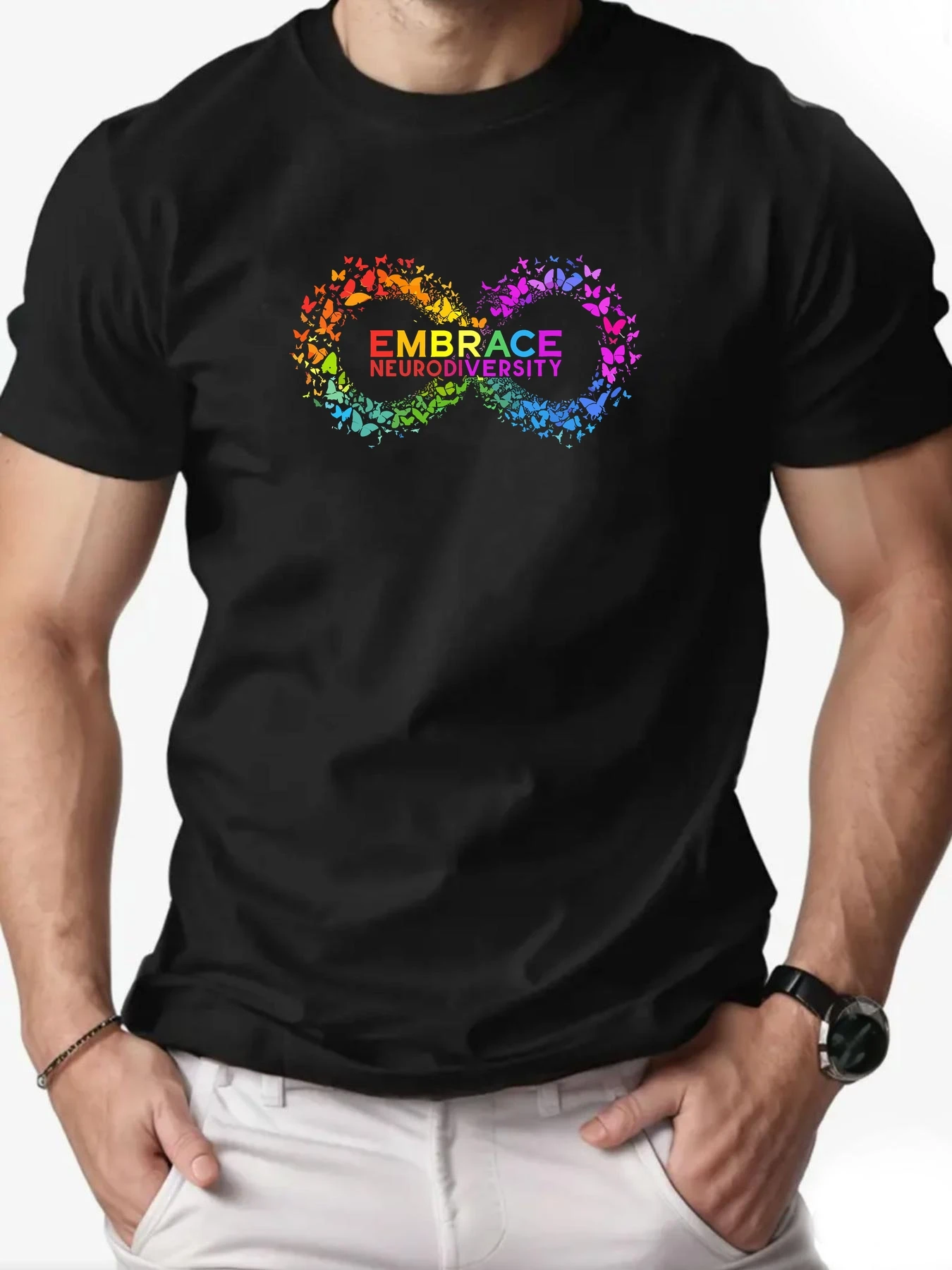 

Male T-Shirt 100%Cotton Colorful Butterfly Infinity Symbol Print Tee 2025 Summer Streetwear Casual Breathable Crewneck Daily Top