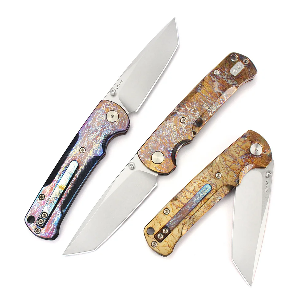 Original design, titanium burning process, titanium alloy handle, VG10 steel core, high-hardness outdoor EDC folding knife