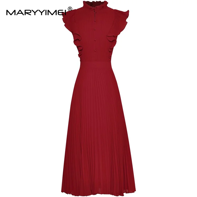 

MARYYIMEI Spring and summer New Women's Dress Butterfly sleeve Button Elegant Party Prom Solid Color Pleated Dresses