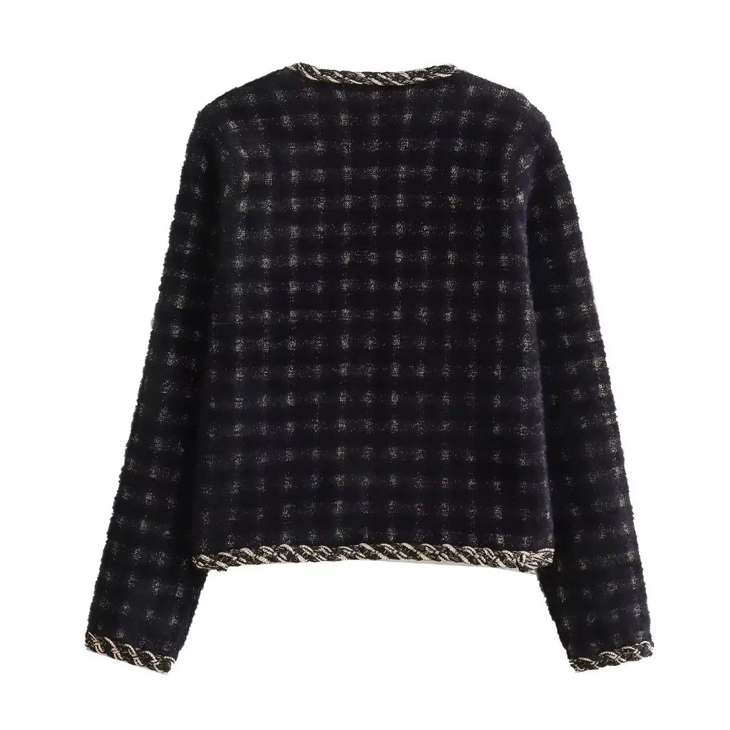 

Women's Dark Lattice Jacquard Knitted Jacket with Gold Trim Autumn Small Fragrance Fashion Style G42745