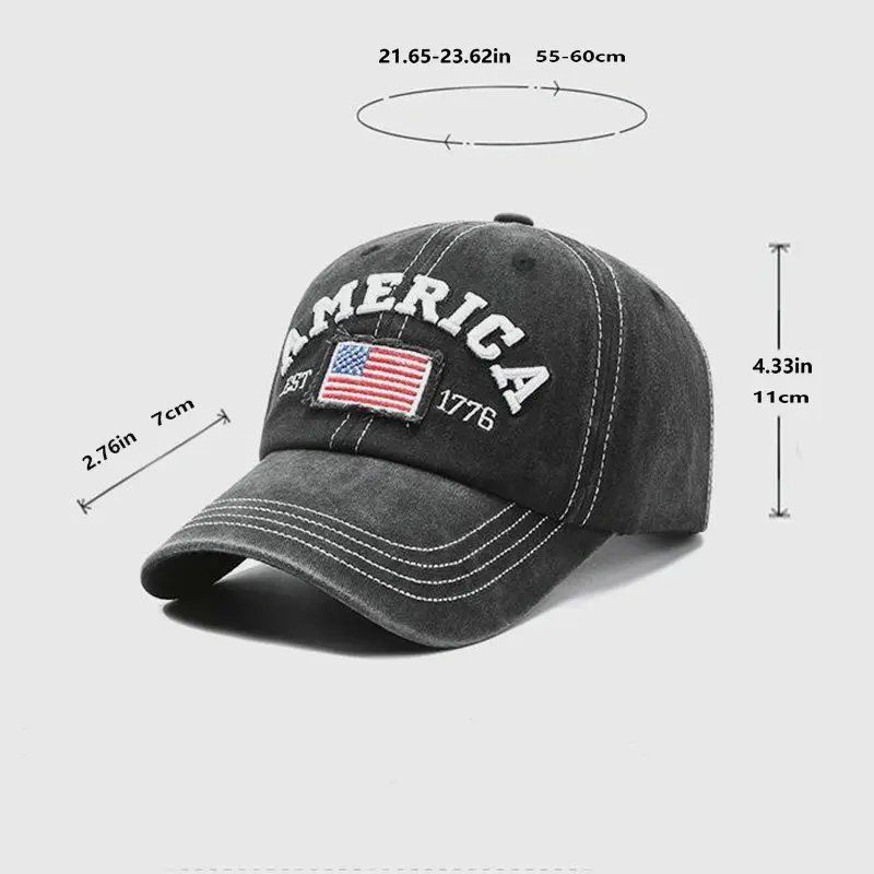 Vintage-Baseballkappe mit USA-Flagge, bestickt – auffälliger Schriftzug, Distressed Wash, Sonnenschutz – trendige Papa-Mütze für den Außenbereich – Detail 1