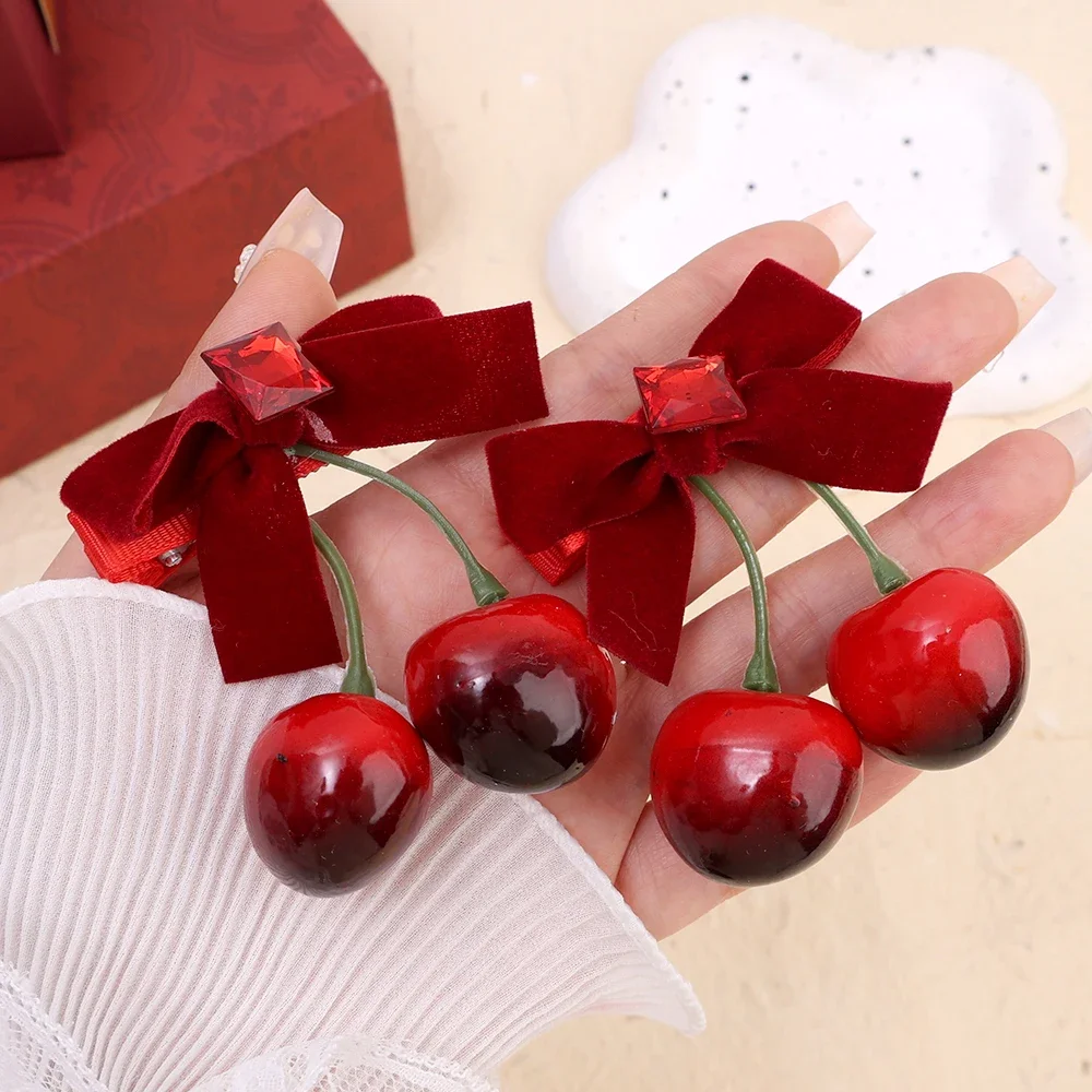 New Red Cherry Bowknot Hairpin New Year Funny Female Hair Accessories Retro Vintage Headdress Korean Cute BB Clip Birthday Gifts