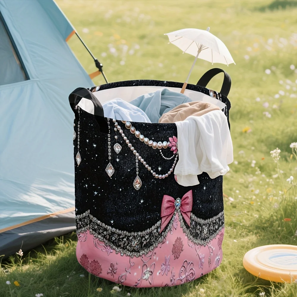 Large Foldable Bohemian Laundry Basket with Pink Glitter Bow Diamond Print Round Hamper Suitable for Room Dorm