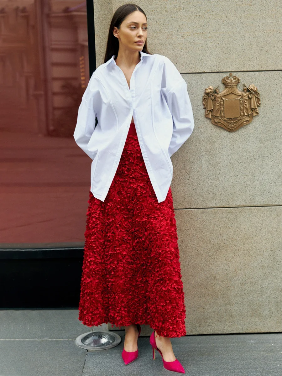 Bornladies Winter Roter Modischer Langer Blütenrock Damen-Design-Inspirierter Abendkleid Eleganter Einzigartiger Hochgeschnittener Rock – Detail 20