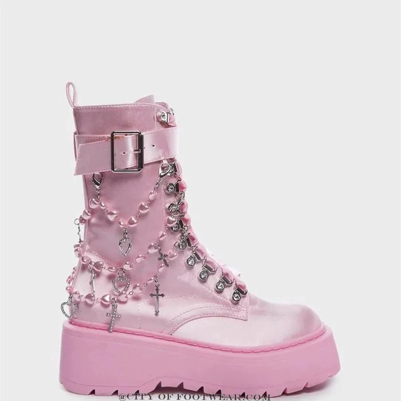 Y2K Pink Satin Pearls Chain Ankle Boots Lady Cute Highten Shoes Round Toe Lace up Booties Luxury Designer Platform Cute Shoes