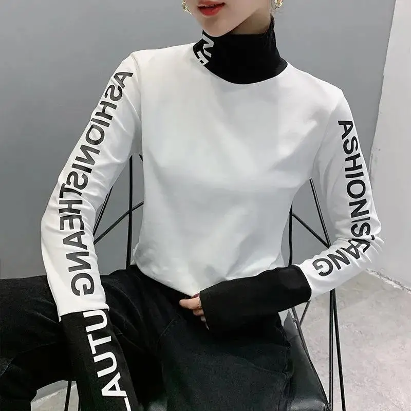 Clothing Warm Tee Yellow Top For Women With Print 2024 Turtleneck Woman T-shirt Offer High Quality Tshirt Causal Fitted Kpop O