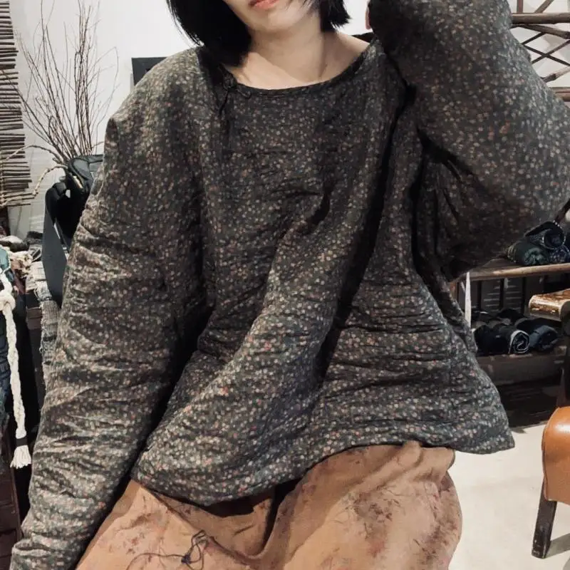 

Осень-зима женский свободный пуловер с длинным рукавом и круглым вырезом двухуровневое хлопковое льняное пальто с винтажным принтом утепленная куртка высокого качества